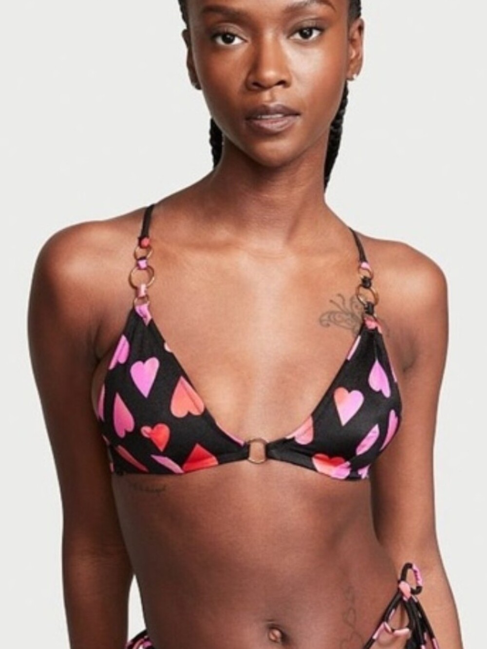 Victoria's Secret Heart Bikini Top Gold O Rings Strappy Black Red Pink XS